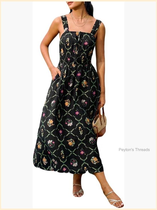 Dresses & Skirts - Backless Square Neck Smocked Midi Dress with Pockets